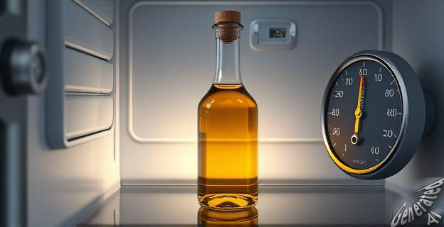 Una botella de aceite de oliva en la nevera con un termómetro mostrando una temperatura baja