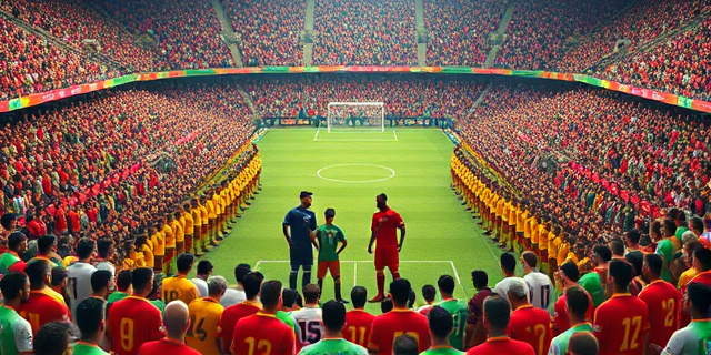 Una multitud de personas vestidas con los colores de Marruecos y Senegal se enfrentan en un estadio de fútbol, con jugadores y árbitros en el centro del campo. La atmósfera es tensa y emocional.