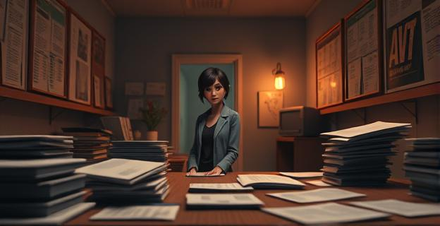 Oficina de correos con ambiente tenso y desolado, con papeles y documentos esparcidos, y una figura femenina al fondo con expresión seria y decidida.