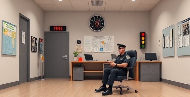 Imagen de una comisaría de policía vacía y sin calefacción, con un policía sentado en una silla, rodeado de papeles y facturas pendientes. Al fondo, un radar de tráfico y un semáforo.