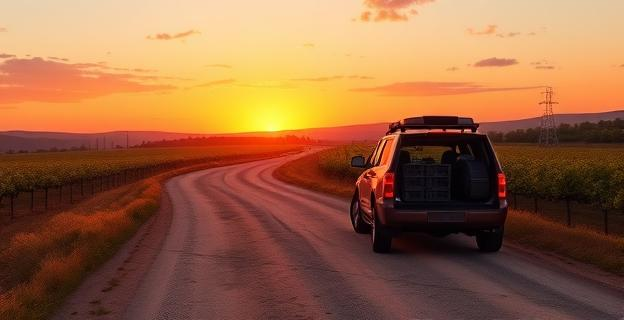 Una carretera rural serpenteante a través de campos agrícolas al atardecer, con un vehículo utilitario deportivo detenido en un arcén de tierra junto a un campo de cultivo. Cajas de fruta apiladas en la parte trasera del vehículo entreabierta. Un paisaje de viñedos y árboles frutales se extiende hacia el horizonte, bajo un cielo con tonos anaranjados y morados. La escena evoca un control de carretera, con un aire de misterio sobre el origen de la mercancía.