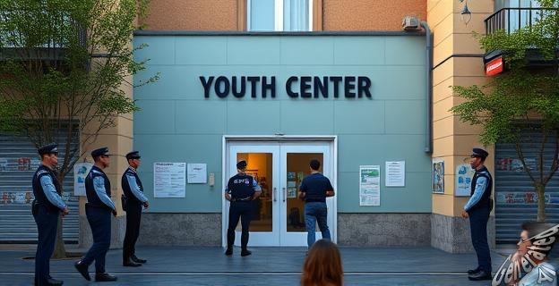 Un centro de menores en un barrio de Madrid con agentes de policía en la entrada.