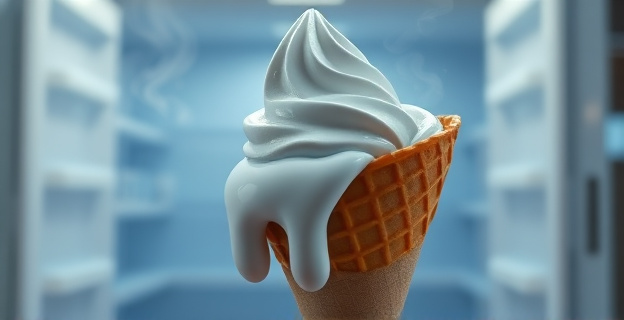 Una cucharada de helado derretido en un cono de barquillo, con vapor que asciende en un lado, y cristales de hielo visibles en el otro. El fondo, borroso, muestra la silueta de un congelador abierto. Paleta de colores fríos y tonos pastel. Ambiente melancólico pero con un toque de advertencia.