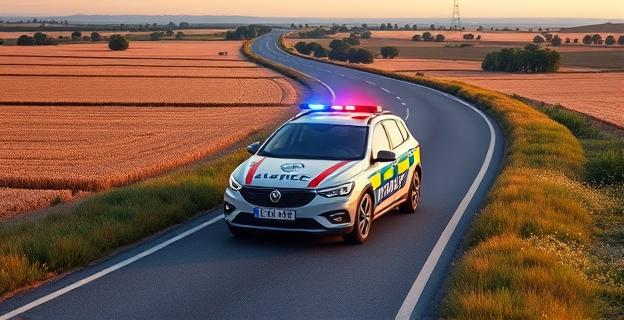 Imagen de un coche de policía nacional en una carretera rodeada de campos en Isla Mayor, Sevilla, con luces de emergencia encendidas