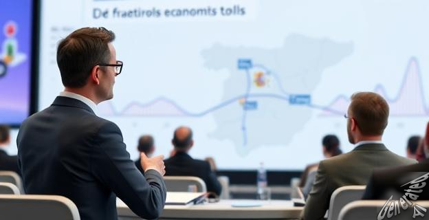 Un economista en una conferencia hablando sobre peajes en autopistas con un mapa de España al fondo