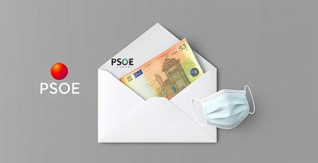 Imagen de un sobre con un millón de euros en billetes, junto a un logo del PSOE y una máscara de protección contra el coronavirus en un fondo gris