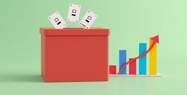 Una urna electoral con papeletas de votación y un gráfico de barras mostrando una disminución en la tasa de mortalidad