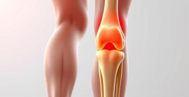 Imagen de una rodilla con artrosis mostrando degeneración del cartílago articular, con un fondo que sugiere sobrepeso u obesidad sin incluir personas