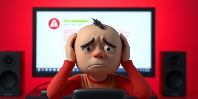 Una persona frustrada frente a una pantalla de ordenador con un mensaje de error