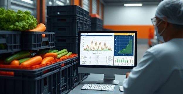Imagen de un control fronterizo donde se inspeccionan cajas de hortalizas con un foco en un análisis de laboratorio que muestra gráficos de residuos de plaguicidas en una pantalla de ordenador.