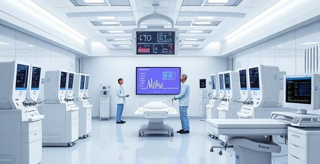 Hospital moderno con equipo médico avanzado y personal trabajando en un entorno limpio y organizado, con gráficos de rentabilidad en una pantalla en el fondo