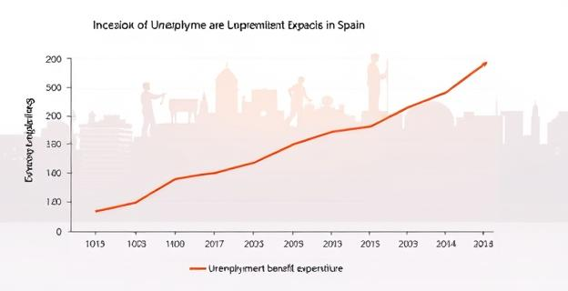 Una gráfica que muestra la evolución del gasto en prestaciones por desempleo en España, con una línea que asciende hasta 2025, y al fondo una silueta de una ciudad española con personas trabajando en diferentes sectores