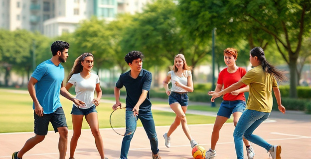 Un grupo de jóvenes de diversas etnias practicando deporte en un parque urbano mientras hablan entre ellos en diferentes idiomas.