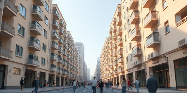 Una ciudad con edificios de apartamentos vacíos y turistas caminando por la calle