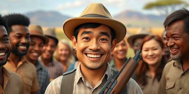Un hombre sonriente con un sombrero de safari y un rifle, rodeado de personas sonrientes y animales de la sabana, con un fondo de paisaje africano