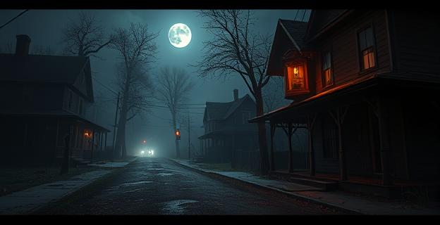 Una escena de una película de terror con elementos de misterio y humor negro, ambientada en una pequeña localidad norteamericana con un ambiente inquietante y una atmósfera de suspense.