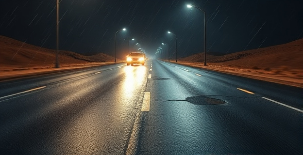 Imagen de una autovía desierta y en mal estado, con socavones y grietas en el asfalto, iluminada por las luces de un coche que circula a alta velocidad durante la noche y bajo una lluvia intensa.