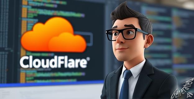 Una imagen de un hombre con gafas y traje frente a una pantalla de computadora con código, con un logo de Cloudflare al fondo.