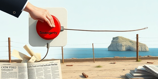 Una ilustración conceptual y satírica. Un gran botón rojo de emergencia con la etiqueta 