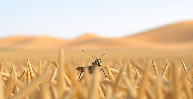 una imagen de una langosta del desierto en un campo de cultivos con un fondo de dunas del desierto