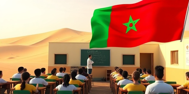 Una imagen de una bandera marroquí ondeando sobre un colegio en el desierto, con estudiantes sentados en un aula mientras un profesor escribe en la pizarra