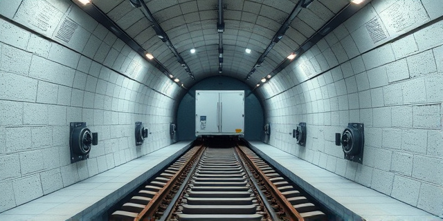 Un túnel subterráneo con raíles y vagones, detrás de un refrigerador insonorizado, en un polígono industrial