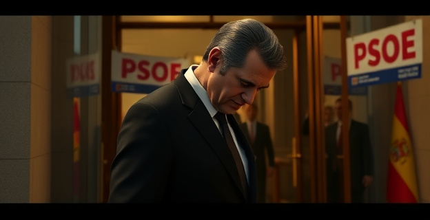 Una escena que muestra a Paco Salazar saliendo de un edificio oficial con la cabeza gacha, mientras al fondo se ve un mitin político con pancartas del PSOE. La iluminación es baja y Salazar viste un traje oscuro.