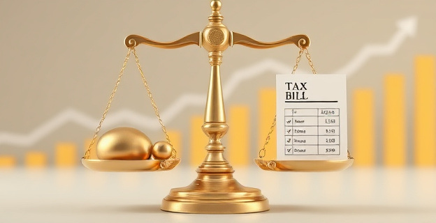 Una balanza con una pesa de oro en un lado y una factura de impuestos en el otro, con un fondo de gráficos económicos bajando.