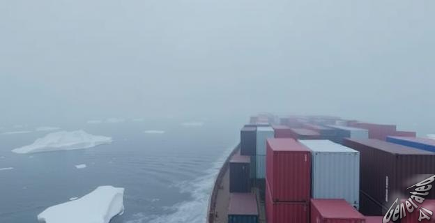 Un portacontenedores navegando por el océano Ártico con contenedores visibles en su cubierta, rodeado de icebergs y niebla, con un cielo grisáceo al fondo.