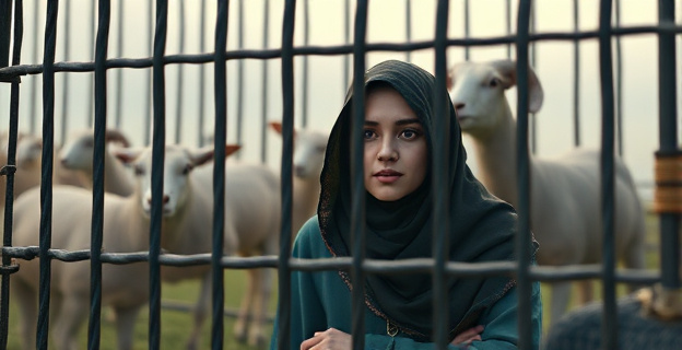 Una mujer afgana encerrada en una jaula, con una oveja libre en el fondo, simbolizando la opresión y la falta de libertad.