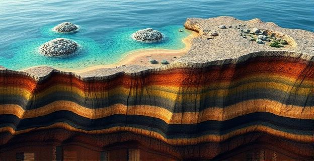 Imagen de sedimentos marinos y terrestres con capas visibles de contaminación por plomo, representando la historia ambiental de la región del Egeo.