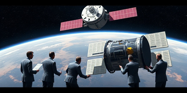 Una ilustración satírica que muestra un enorme y moderno satélite con el logo de una empresa privada estadounidense dominando el espacio, mientras abajo, un grupo de burócratas europeos con trajes grises intenta armar un satélite pequeño y antiguo usando un manual de instrucciones gigante y confuso. Estilo editorial de revista, colores contrastados, atmósfera irónica.