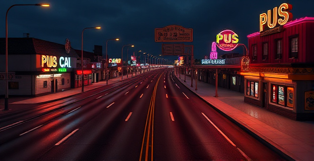 Imagen de una carretera con pubs y luces de neón por la noche, sin personas ni nombres propios visibles