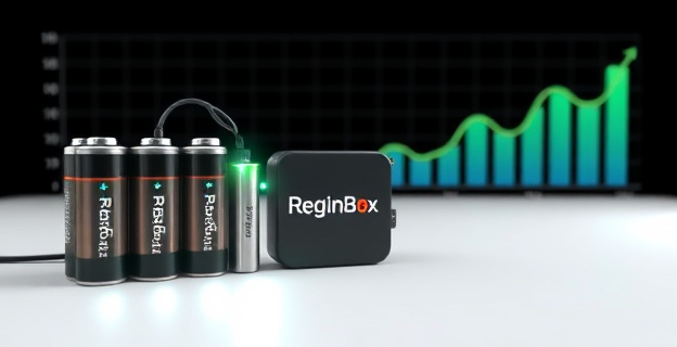 Una imagen de un dispositivo RegenBox conectado a varias pilas alcalinas, con luces suaves indicando el proceso de regeneración. Al fondo, un gráfico que muestra el aumento de capacidad energética de las pilas.