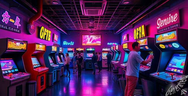 Un amplio espacio de más de 200 m² con numerosas máquinas arcade clásicas, luces de neón y una atmósfera animada con personas jugando y disfrutando de la música electrónica.
