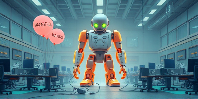Una ilustración satírica de un entorno de oficina futurista y fría. En el centro, un robot gigante y brillante representa la IA, mientras que a sus pies, pequeños trabajadores humanos con rostros agotados y grises intentan alimentar al robot con cables y papeles. Al fondo, un cartel brillante que dice 