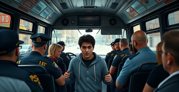 Un autobús urbano detenido en una calle concurrida con agentes de policía en el interior, rodeados de pasajeros con expresiones de sorpresa y disgusto, mientras un joven es escoltado fuera del vehículo.