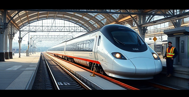 Una imagen que muestra un tren de alta velocidad en una estación, con trabajadores de Renfe y Adif trabajando en el mantenimiento de las vías en el fondo. La escena debe transmitir una sensación de actividad y renovación.