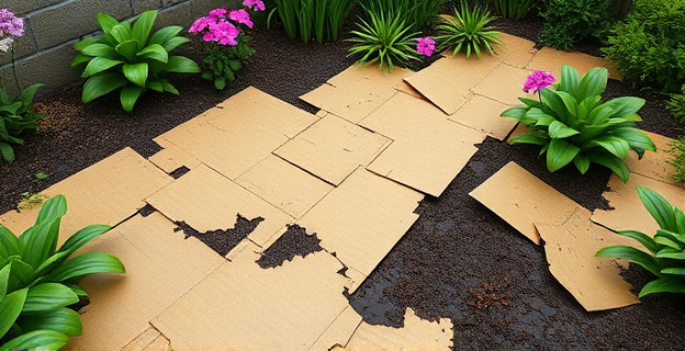 Imagen de un jardín con cartón cubriendo el suelo, con algunas plantas ornamentales visibles alrededor. El cartón está húmedo y comienza a degradarse en algunas partes.