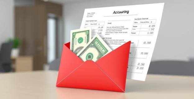 Una imagen de un sobre con dinero en efectivo y un documento contable con números y firmas, en un entorno de oficina con un fondo neutro.