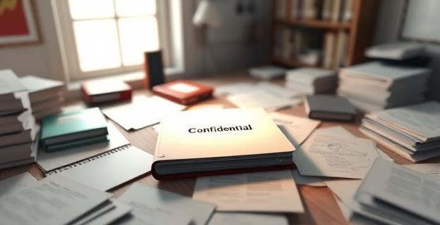 Imagen de una sala llena de documentos y expedientes relacionados con la investigación de una trama de corrupción, con un foco en la mesa central iluminando un dosier marcado como 