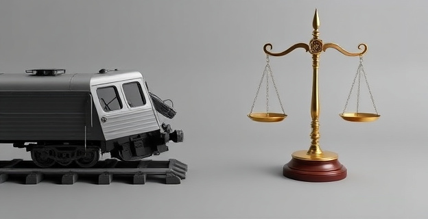 Una imagen que represente un tren descarrilado junto a una balanza que simboliza la justicia, con un fondo gris que indica la burocracia y el retraso.