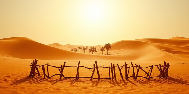 Una imagen cinematográfica y melancólica de un oasis africano siendo consumido lentamente por dunas de arena dorada. En primer plano, barreras rudimentarias hechas de hojas de palma secas intentando detener la arena. Al fondo, palmeras datileras aisladas bajo un sol abrasador y un cielo blanco por el calor. Estilo de fotografía documental de National Geographic, alto contraste, texturas granulares de arena.