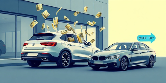 Una ilustración conceptual y satírica. Un coche nuevo brillante saliendo de un concesionario, pero el coche se está desintegrando en billetes de euro que vuelan con el viento. Al lado, un coche seminuevo sólido y elegante con una etiqueta de 