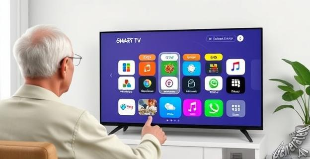 Una imagen de una persona mayor utilizando un Smart TV con una pantalla de inicio simple y organizada, con iconos grandes y una barra de tareas en la parte superior con un engranaje de configuración.