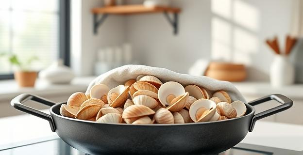 Imagen de una sartén con almejas y un trapo empapado en sake sobre ella, en una cocina moderna y luminosa