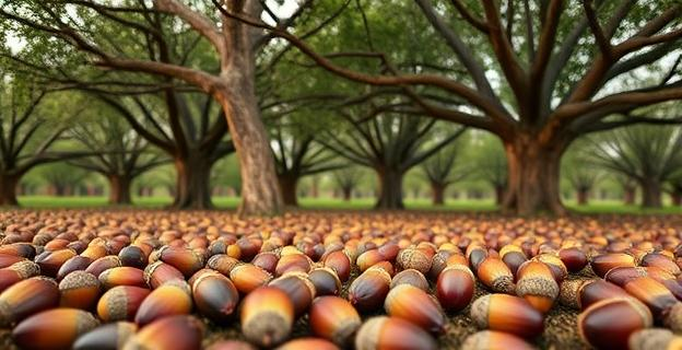 Imagen de una dehesa española con encinas y bellotas en primer plano, destacando la diversidad de tamaños y colores de las bellotas.