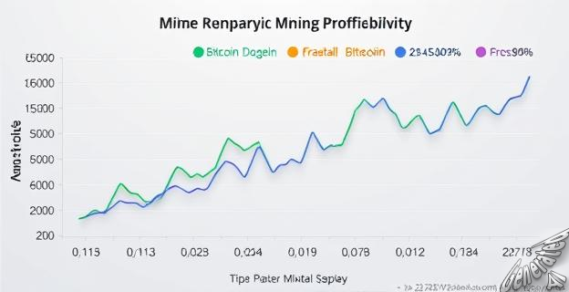 Ilustración de un gráfico comparativo de la rentabilidad minera de diferentes criptomonedas, incluyendo Bitcoin, Dogecoin, Fractal Bitcoin y Ethereum Classic, con indicadores de tendencia y estadísticas de ingresos.