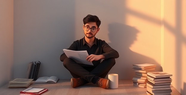 Una persona sentada en un espacio minimalista y tranquilo, rodeada de libros y notas, con una expresión reflexiva y una taza de café al lado. La iluminación es suave y cálida, creando un ambiente de introspección y creatividad.