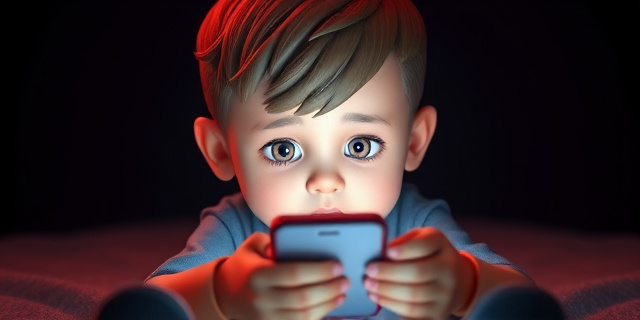 Un niño sentado frente a una pantalla de teléfono móvil con una expresión de adicción y desconexión del mundo que lo rodea